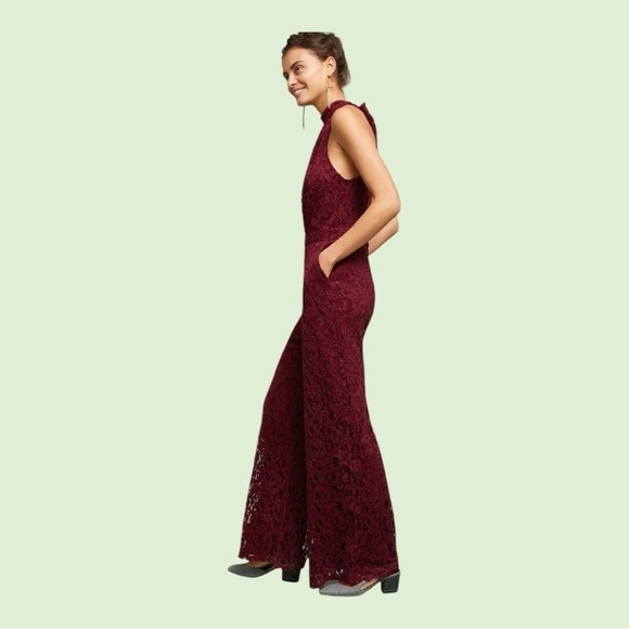 Anthropologie Lace Jumpsuit Ett Twa Sleevless Halter Tie Burgundy - Picture 3 of 9